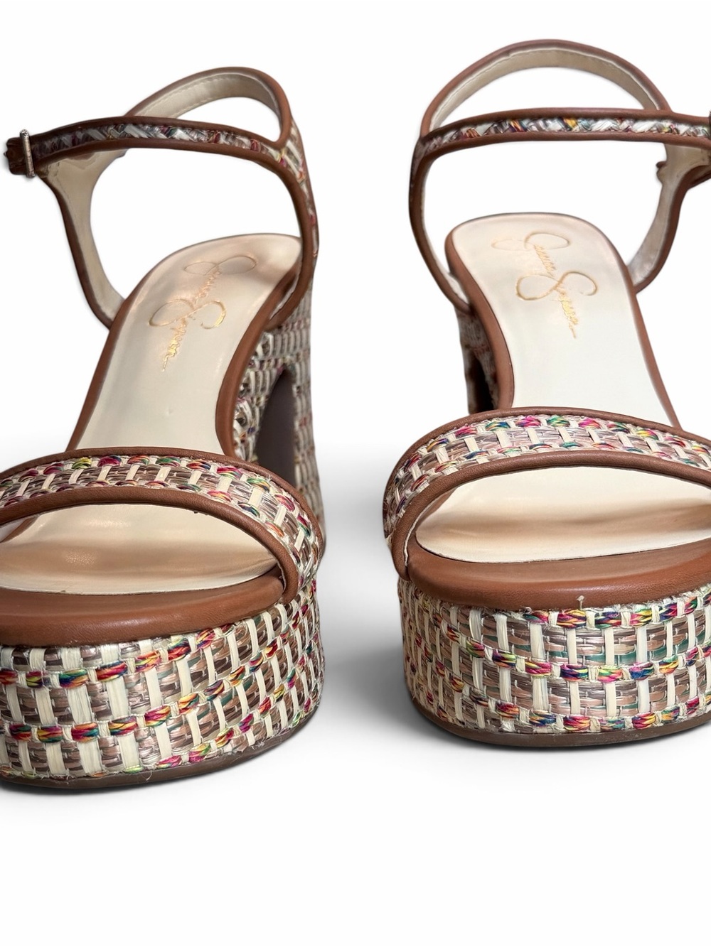 Jessica Simpson Multicolor Woven Platform Sandals with Brown Trim - Picture 5 of 15
